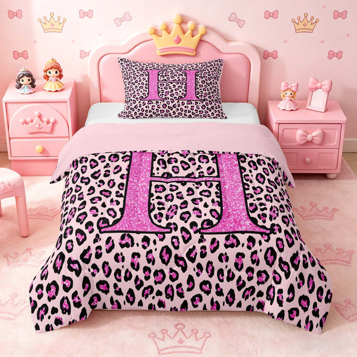 meiyoeat Glitter Leopard Print Letter H Full Size Comforter Sets, Girls Teens, Pink Sparkle Monogrammed Bedding Sets, Pink Reversible 3-Piece, 1 Comforter and 2 Pillowcases