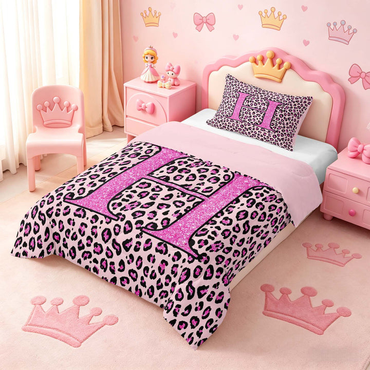 meiyoeat Glitter Leopard Print Letter H Full Size Comforter Sets, Girls Teens, Pink Sparkle Monogrammed Bedding Sets, Pink Reversible 3-Piece, 1 Comforter and 2 Pillowcases
