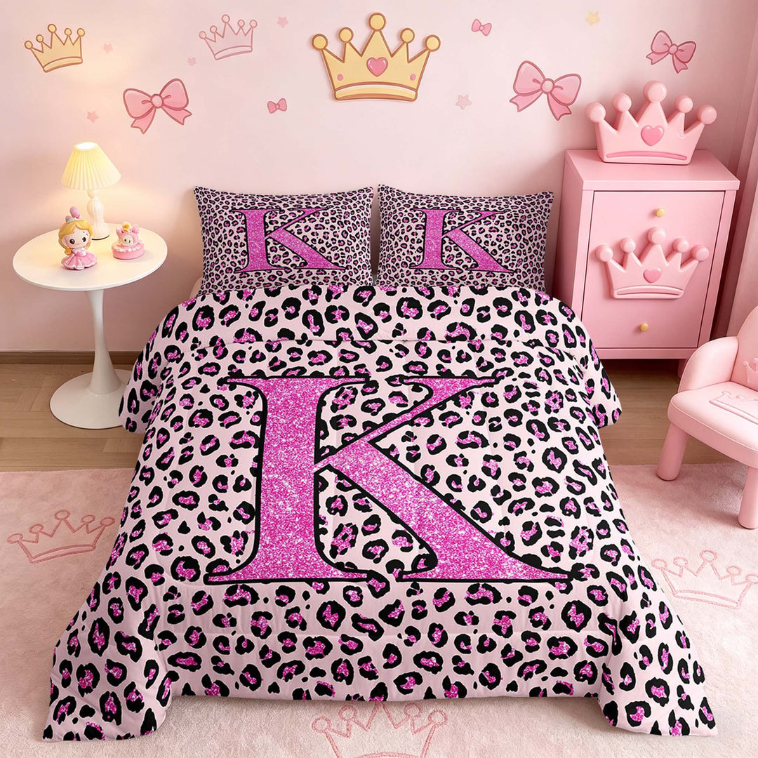 meiyoeat Glitter Leopard Print Letter K Full Size Comforter Sets, Girls Teens, Pink Sparkle Monogrammed Bedding Sets, Pink Reversible 3 Pieces, 1 Comforter and 2 Pillowcases