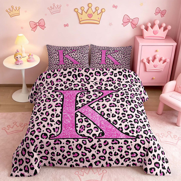 meiyoeat Glitter Leopard Print Letter K Full Size Comforter Sets, Girls Teens, Pink Sparkle Monogrammed Bedding Sets, Pink Reversible 3 Pieces, 1 Comforter and 2 Pillowcases