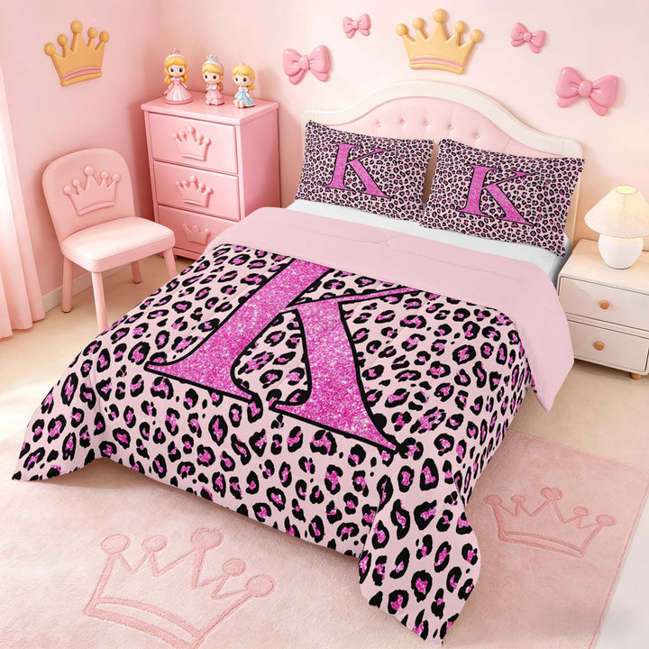 meiyoeat Glitter Leopard Print Letter K Full Size Comforter Sets, Girls Teens, Pink Sparkle Monogrammed Bedding Sets, Pink Reversible 3 Pieces, 1 Comforter and 2 Pillowcases
