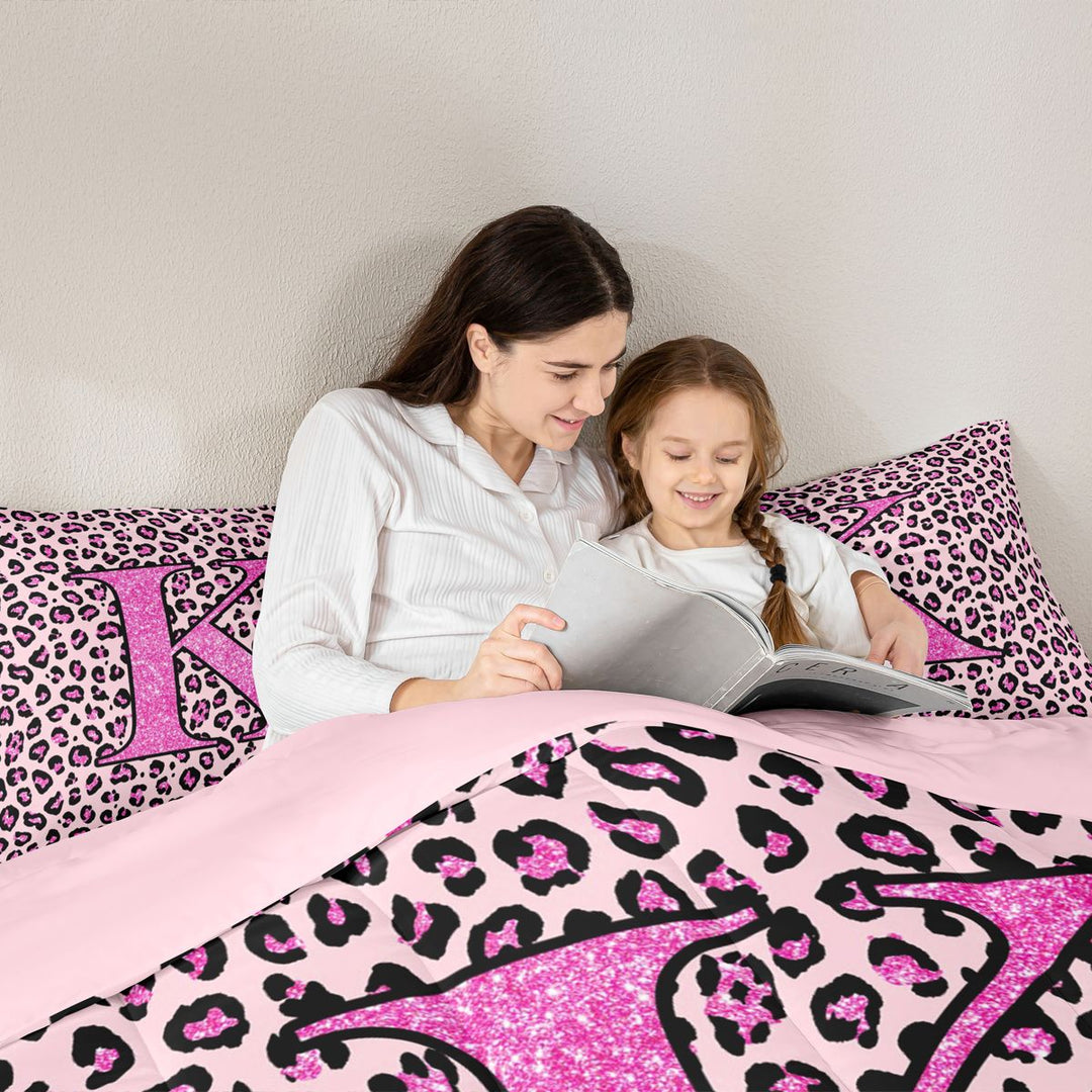 meiyoeat Glitter Leopard Print Letter K Full Size Comforter Sets, Girls Teens, Pink Sparkle Monogrammed Bedding Sets, Pink Reversible 3 Pieces, 1 Comforter and 2 Pillowcases