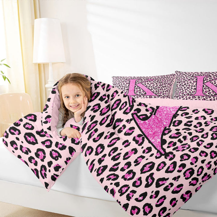 meiyoeat Glitter Leopard Print Letter K Full Size Comforter Sets, Girls Teens, Pink Sparkle Monogrammed Bedding Sets, Pink Reversible 3 Pieces, 1 Comforter and 2 Pillowcases
