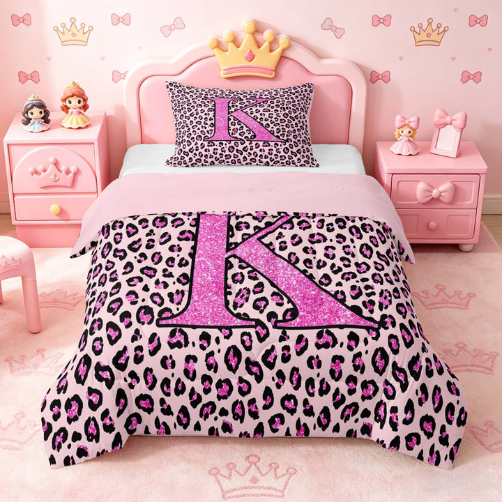 meiyoeat Glitter Leopard Print Letter K Full Size Comforter Sets, Girls Teens, Pink Sparkle Monogrammed Bedding Sets, Pink Reversible 3 Pieces, 1 Comforter and 2 Pillowcases
