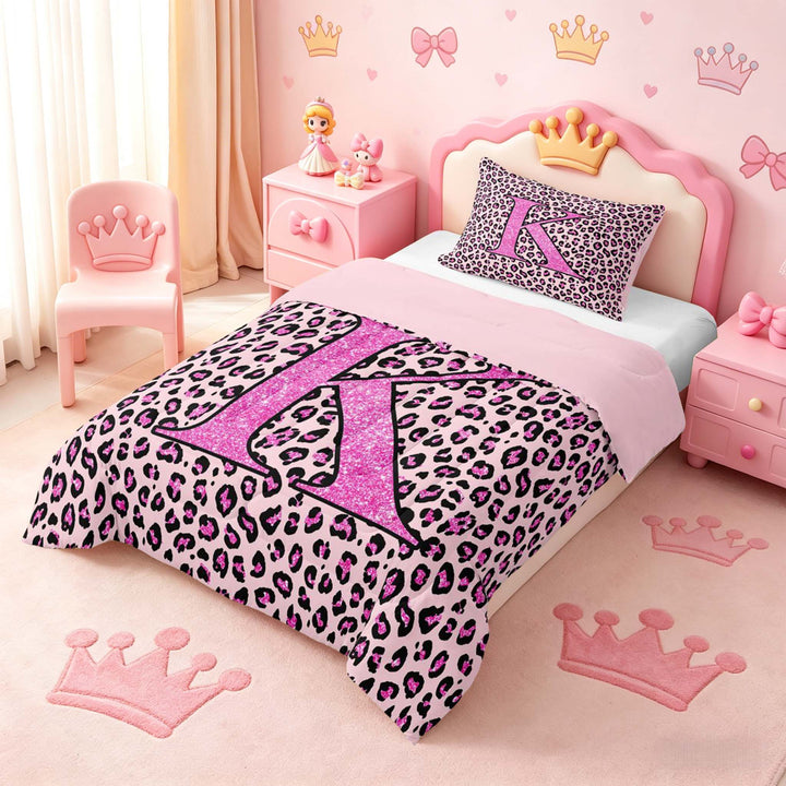 meiyoeat Glitter Leopard Print Letter K Full Size Comforter Sets, Girls Teens, Pink Sparkle Monogrammed Bedding Sets, Pink Reversible 3 Pieces, 1 Comforter and 2 Pillowcases