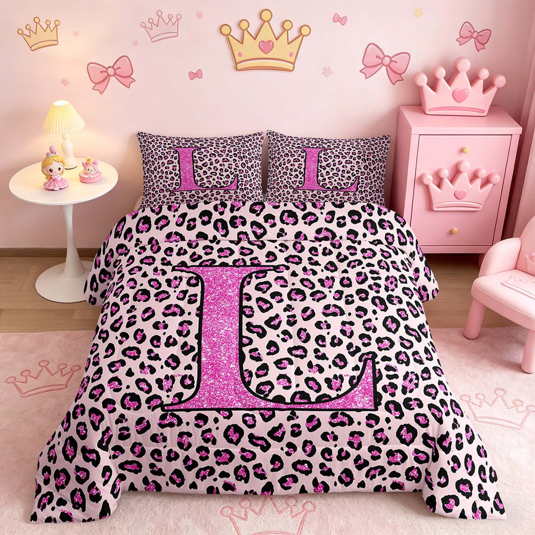 meiyoeat Glitter Leopard Print Letter L Full Size Comforter Sets, Girls Teens, Pink Sparkle Monogrammed Bedding Sets, Pink Reversible 3-Piece, 1 Comforter and 2 Pillowcases