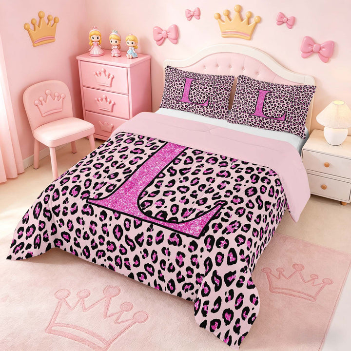 meiyoeat Glitter Leopard Print Letter L Full Size Comforter Sets, Girls Teens, Pink Sparkle Monogrammed Bedding Sets, Pink Reversible 3-Piece, 1 Comforter and 2 Pillowcases