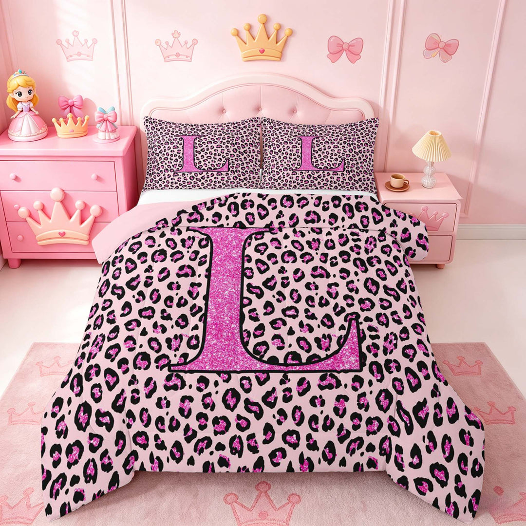 meiyoeat Glitter Leopard Print Letter L Full Size Comforter Sets, Girls Teens, Pink Sparkle Monogrammed Bedding Sets, Pink Reversible 3-Piece, 1 Comforter and 2 Pillowcases