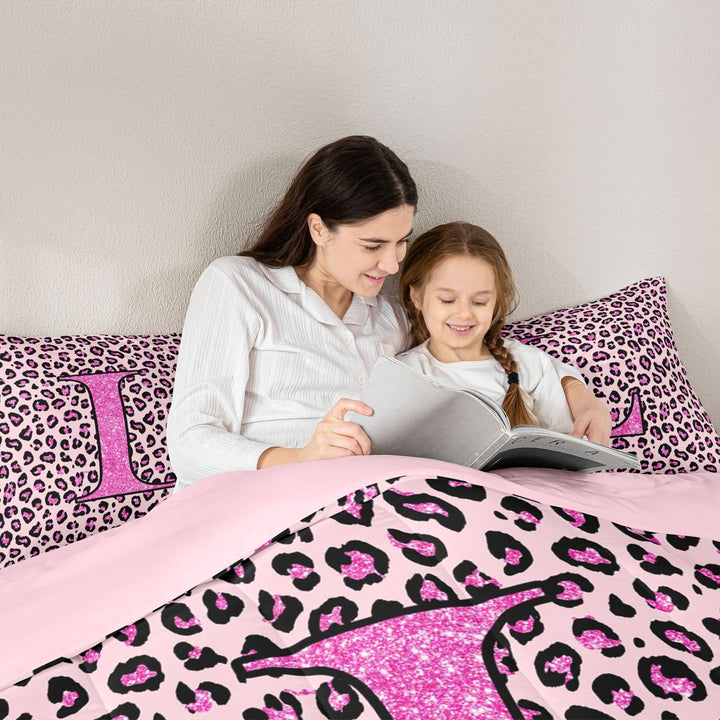 meiyoeat Glitter Leopard Print Letter L Full Size Comforter Sets, Girls Teens, Pink Sparkle Monogrammed Bedding Sets, Pink Reversible 3-Piece, 1 Comforter and 2 Pillowcases