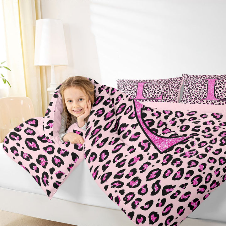 meiyoeat Glitter Leopard Print Letter L Full Size Comforter Sets, Girls Teens, Pink Sparkle Monogrammed Bedding Sets, Pink Reversible 3-Piece, 1 Comforter and 2 Pillowcases