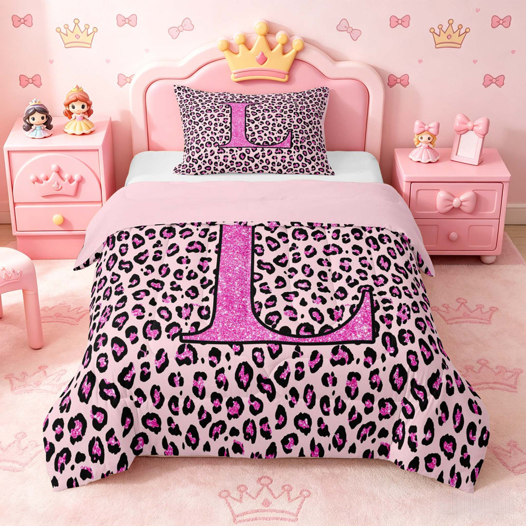meiyoeat Glitter Leopard Print Letter L Full Size Comforter Sets, Girls Teens, Pink Sparkle Monogrammed Bedding Sets, Pink Reversible 3-Piece, 1 Comforter and 2 Pillowcases