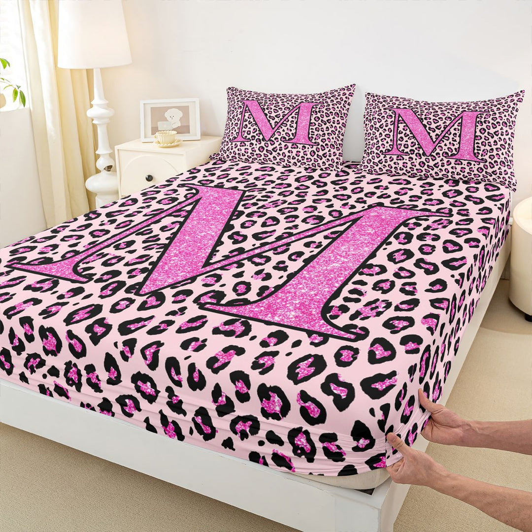 meiyoeat Glitter Leopard Print Letter M Full Size Sheets, Girls Teens, Pink Sparkle Monogrammed Bed Sheets, 4pcs, 1 Flat Sheet, 1 Fitted Sheet and 2 Pillowcases