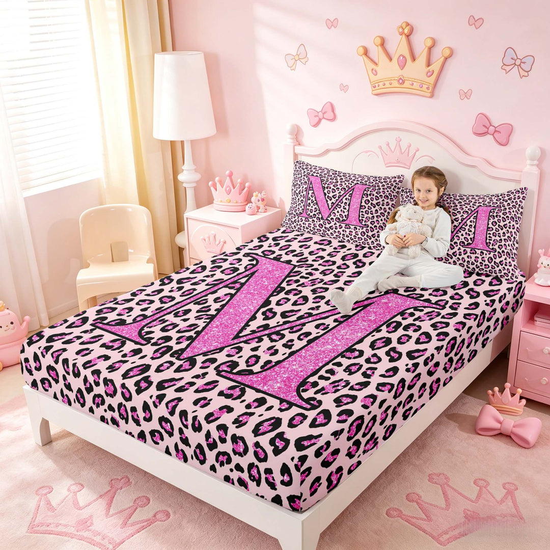 meiyoeat Glitter Leopard Print Letter M Full Size Sheets, Girls Teens, Pink Sparkle Monogrammed Bed Sheets, 4pcs, 1 Flat Sheet, 1 Fitted Sheet and 2 Pillowcases