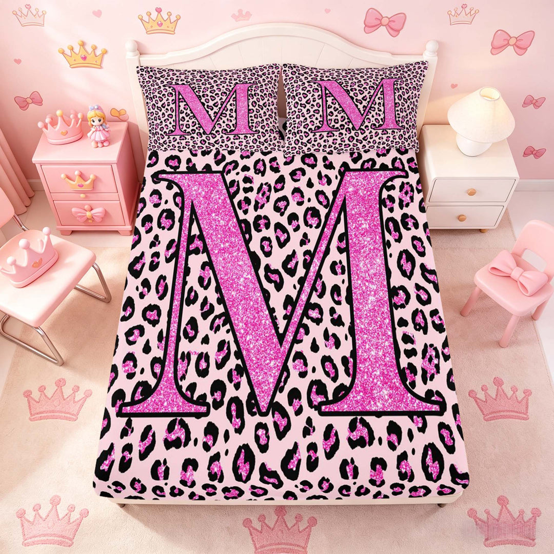 meiyoeat Glitter Leopard Print Letter M Full Size Sheets, Girls Teens, Pink Sparkle Monogrammed Bed Sheets, 4pcs, 1 Flat Sheet, 1 Fitted Sheet and 2 Pillowcases