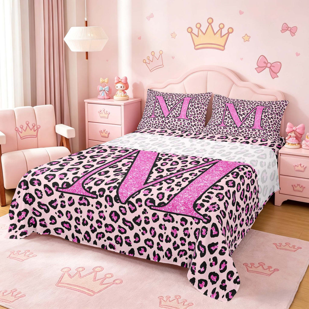meiyoeat Glitter Leopard Print Letter M Full Size Sheets, Girls Teens, Pink Sparkle Monogrammed Bed Sheets, 4pcs, 1 Flat Sheet, 1 Fitted Sheet and 2 Pillowcases