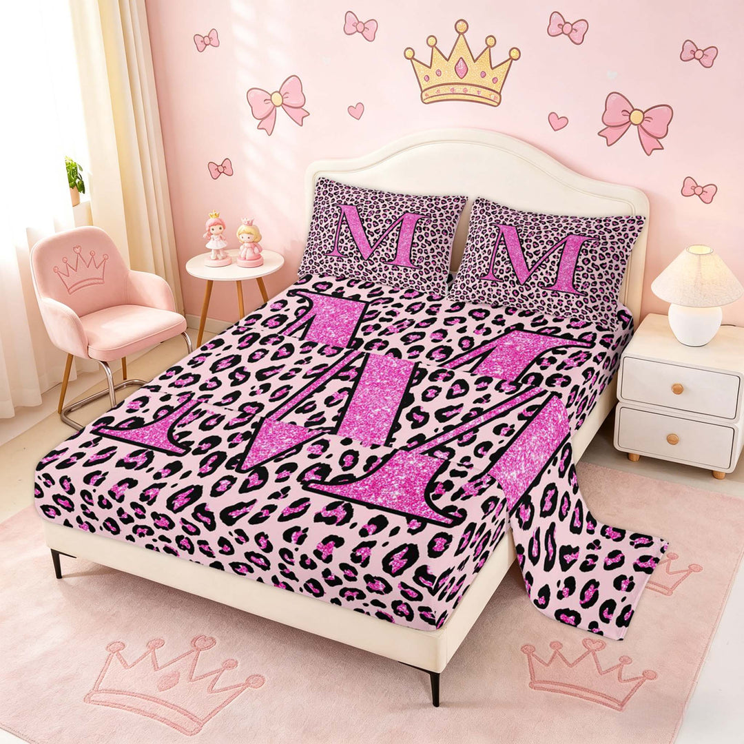 meiyoeat Glitter Leopard Print Letter M Full Size Sheets, Girls Teens, Pink Sparkle Monogrammed Bed Sheets, 4pcs, 1 Flat Sheet, 1 Fitted Sheet and 2 Pillowcases