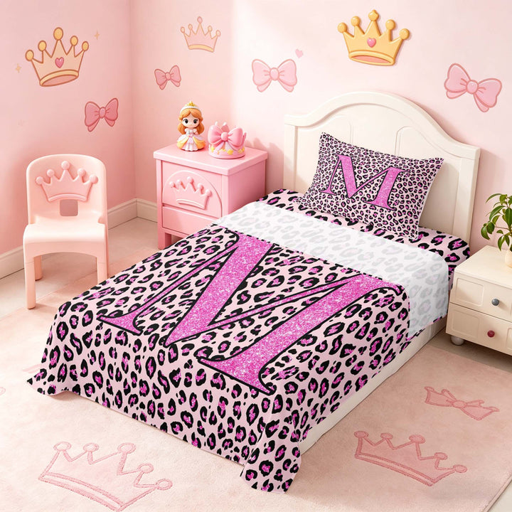 meiyoeat Glitter Leopard Print Letter M Full Size Sheets, Girls Teens, Pink Sparkle Monogrammed Bed Sheets, 4pcs, 1 Flat Sheet, 1 Fitted Sheet and 2 Pillowcases