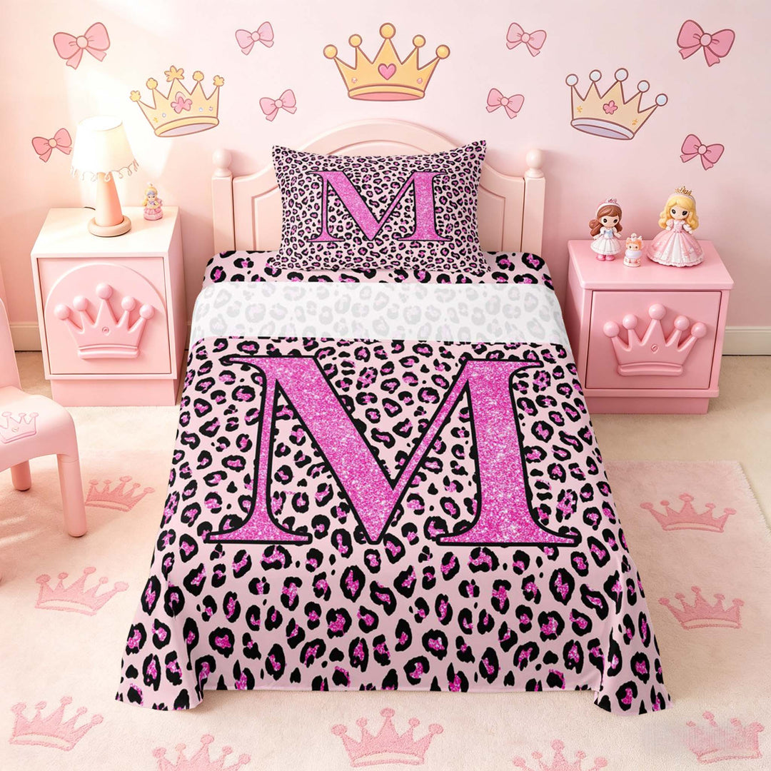 meiyoeat Glitter Leopard Print Letter M Full Size Sheets, Girls Teens, Pink Sparkle Monogrammed Bed Sheets, 4pcs, 1 Flat Sheet, 1 Fitted Sheet and 2 Pillowcases