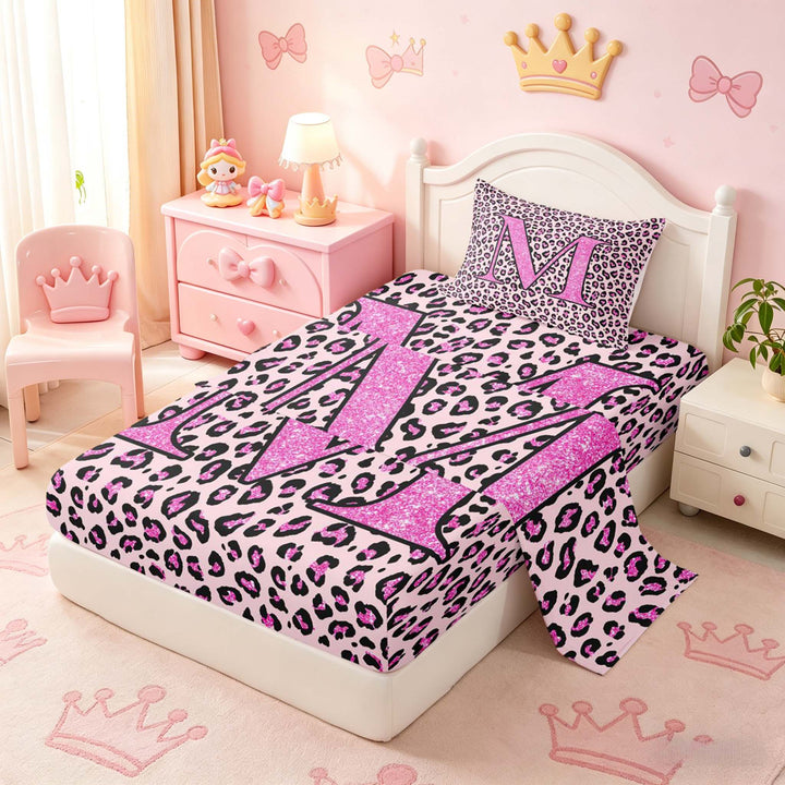 meiyoeat Glitter Leopard Print Letter M Full Size Sheets, Girls Teens, Pink Sparkle Monogrammed Bed Sheets, 4pcs, 1 Flat Sheet, 1 Fitted Sheet and 2 Pillowcases