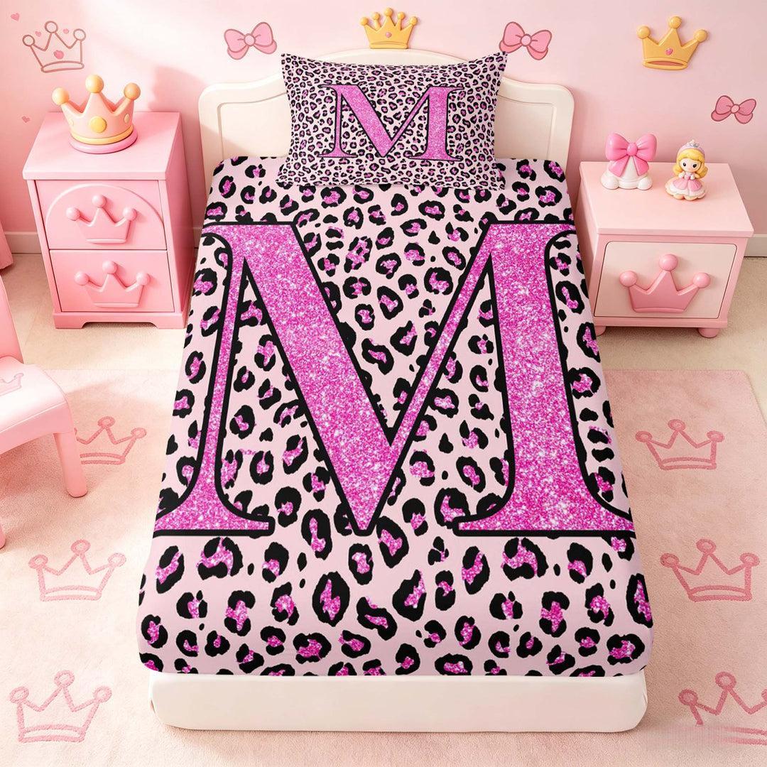 meiyoeat Glitter Leopard Print Letter M Full Size Sheets, Girls Teens, Pink Sparkle Monogrammed Bed Sheets, 4pcs, 1 Flat Sheet, 1 Fitted Sheet and 2 Pillowcases