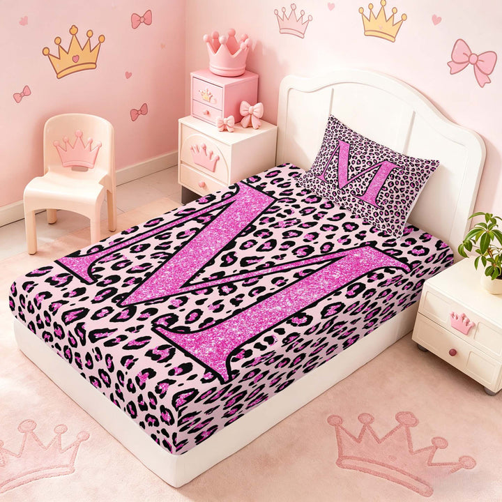 meiyoeat Glitter Leopard Print Letter M Full Size Sheets, Girls Teens, Pink Sparkle Monogrammed Bed Sheets, 4pcs, 1 Flat Sheet, 1 Fitted Sheet and 2 Pillowcases