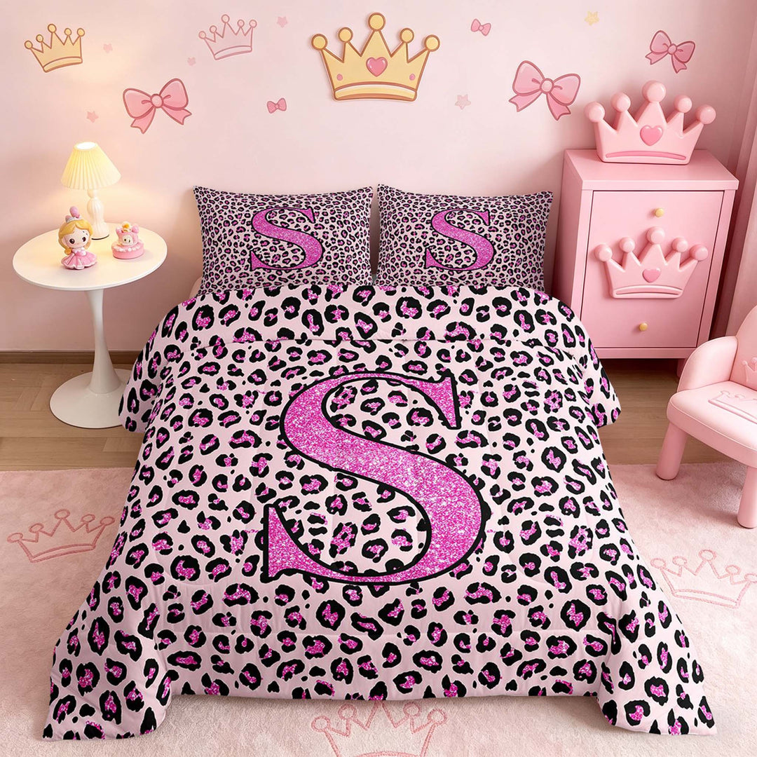 meiyoeat Glitter Leopard Print Letter S Full Size Comforter Sets, Girls Teens, Pink Sparkle Monogrammed Bedding Sets, Pink Reversible 3pcs, 1 Comforter and 2 Pillowcases
