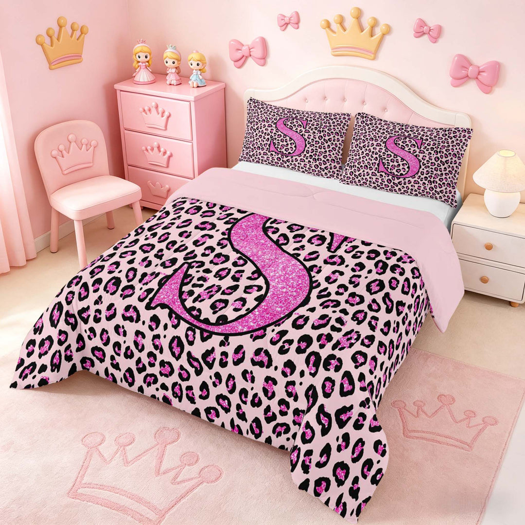 meiyoeat Glitter Leopard Print Letter S Full Size Comforter Sets, Girls Teens, Pink Sparkle Monogrammed Bedding Sets, Pink Reversible 3pcs, 1 Comforter and 2 Pillowcases