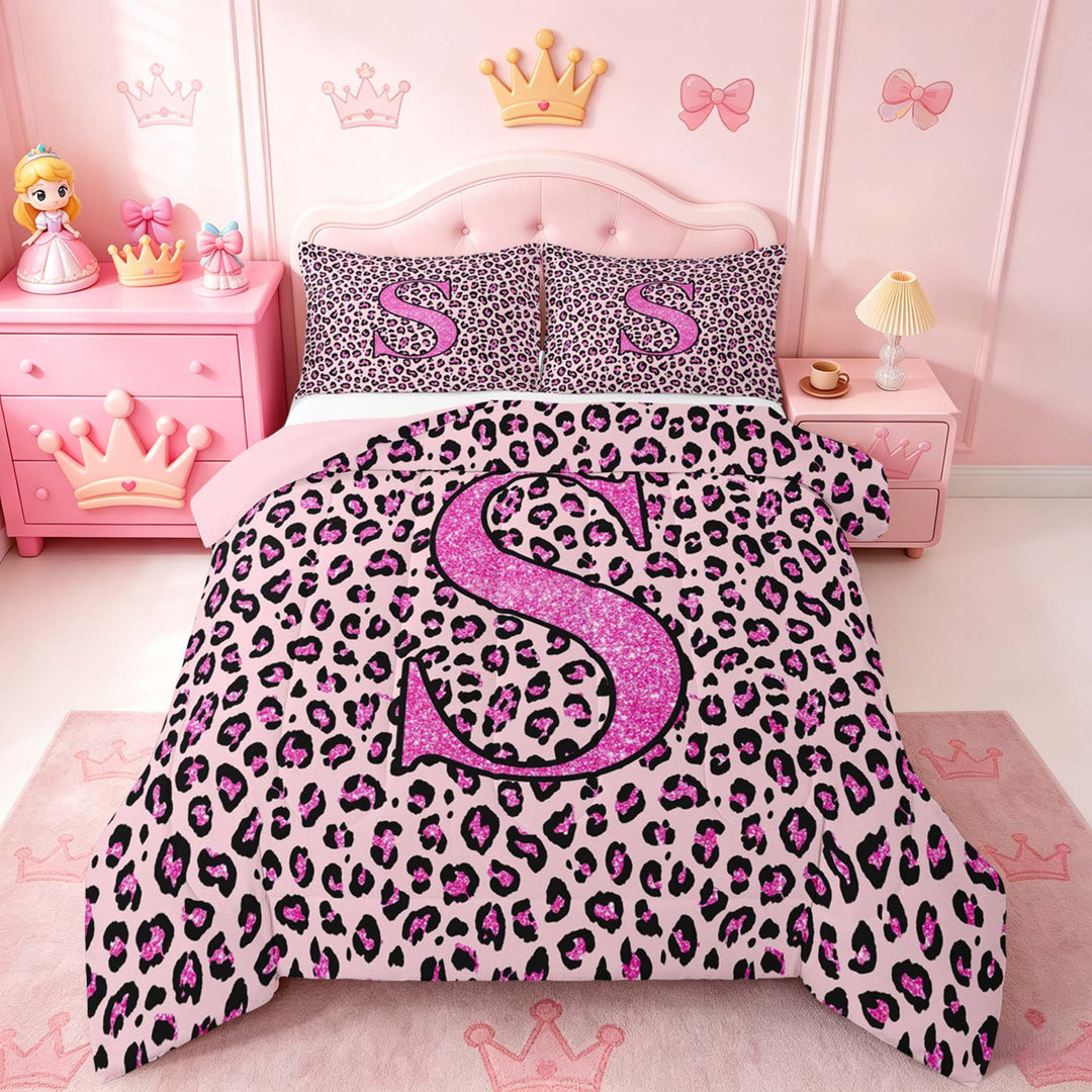 meiyoeat Glitter Leopard Print Letter S Full Size Comforter Sets, Girls Teens, Pink Sparkle Monogrammed Bedding Sets, Pink Reversible 3pcs, 1 Comforter and 2 Pillowcases