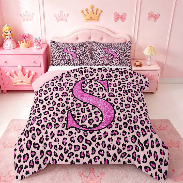 meiyoeat Glitter Leopard Print Letter S Full Size Comforter Sets, Girls Teens, Pink Sparkle Monogrammed Bedding Sets, Pink Reversible 3pcs, 1 Comforter and 2 Pillowcases