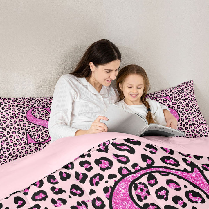 meiyoeat Glitter Leopard Print Letter S Full Size Comforter Sets, Girls Teens, Pink Sparkle Monogrammed Bedding Sets, Pink Reversible 3pcs, 1 Comforter and 2 Pillowcases