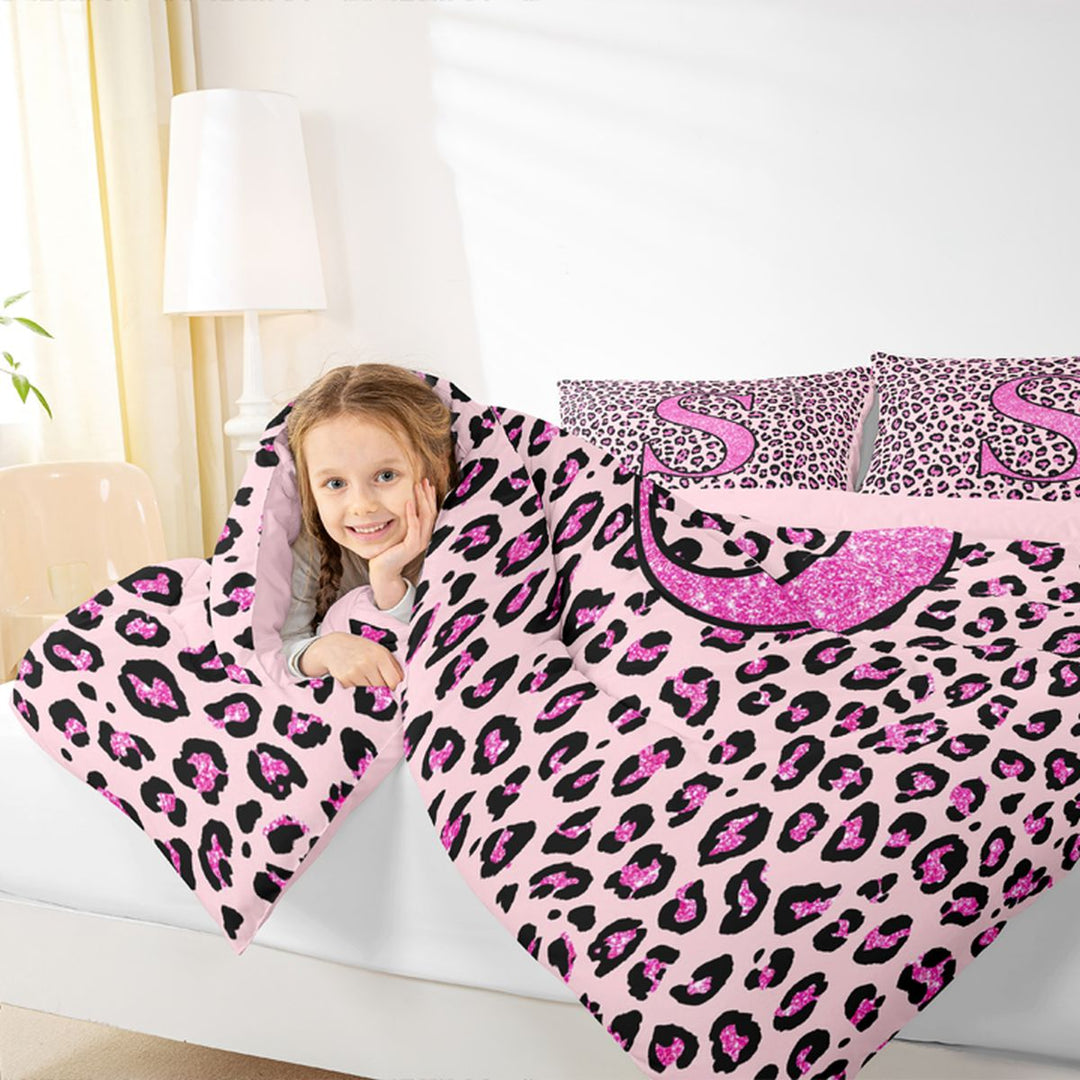 meiyoeat Glitter Leopard Print Letter S Full Size Comforter Sets, Girls Teens, Pink Sparkle Monogrammed Bedding Sets, Pink Reversible 3pcs, 1 Comforter and 2 Pillowcases
