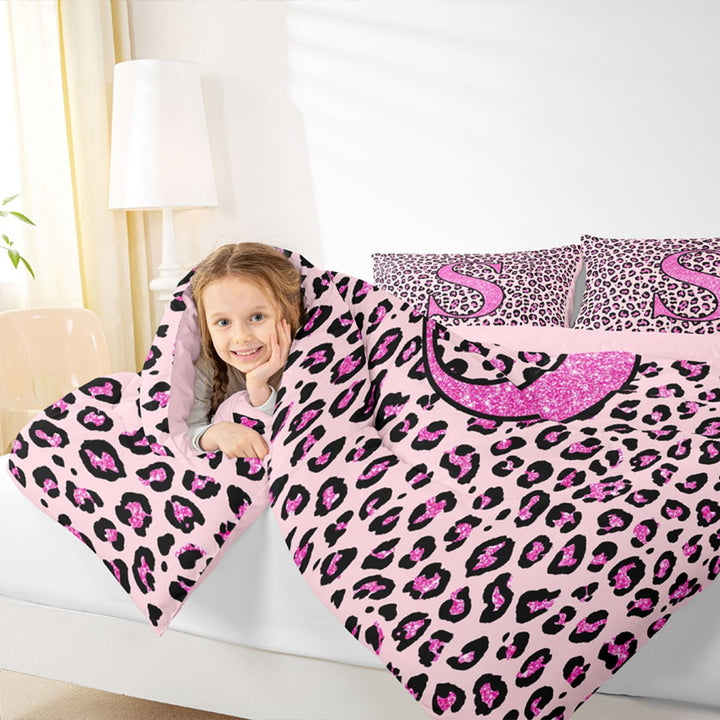 meiyoeat Glitter Leopard Print Letter S Full Size Comforter Sets, Girls Teens, Pink Sparkle Monogrammed Bedding Sets, Pink Reversible 3pcs, 1 Comforter and 2 Pillowcases