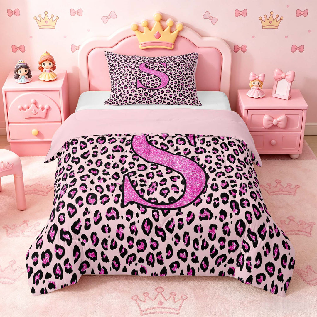 meiyoeat Glitter Leopard Print Letter S Full Size Comforter Sets, Girls Teens, Pink Sparkle Monogrammed Bedding Sets, Pink Reversible 3pcs, 1 Comforter and 2 Pillowcases