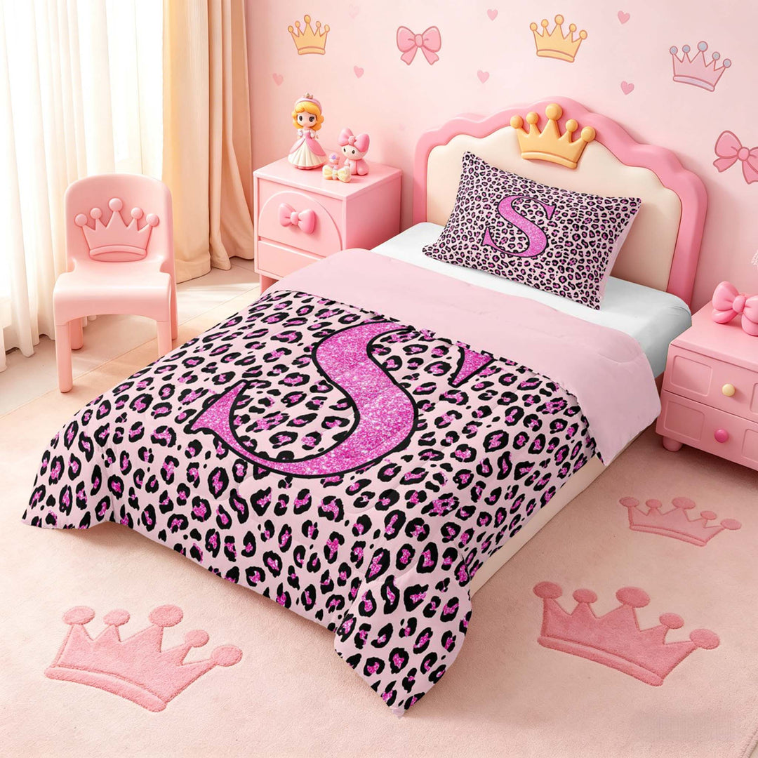 meiyoeat Glitter Leopard Print Letter S Full Size Comforter Sets, Girls Teens, Pink Sparkle Monogrammed Bedding Sets, Pink Reversible 3pcs, 1 Comforter and 2 Pillowcases
