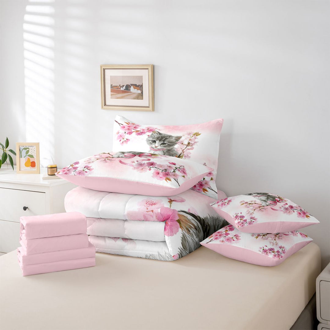 meiyoeat Cherry Blossom Kitten Theme 7 Pieces Full Size Bedding Sets,Gray Cute Cat Print Full Size Bed in a Bag For Girl,Reversible