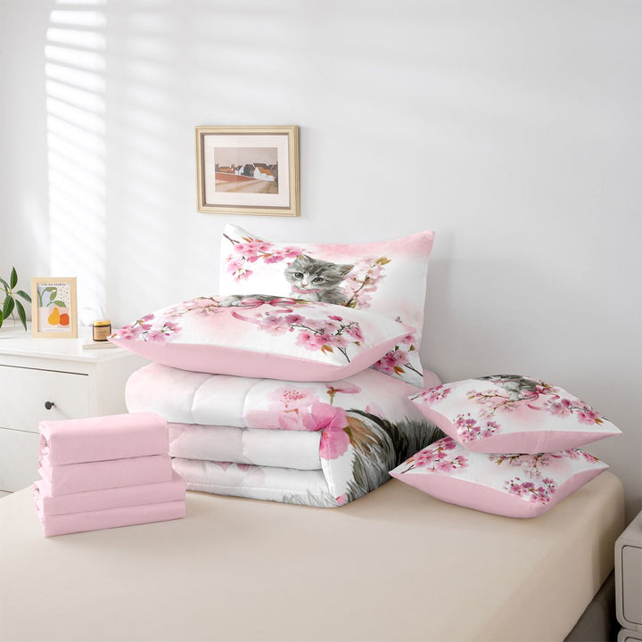 meiyoeat Cherry Blossom Kitten Theme 7 Pieces Full Size Bedding Sets,Gray Cute Cat Print Full Size Bed in a Bag For Girl,Reversible
