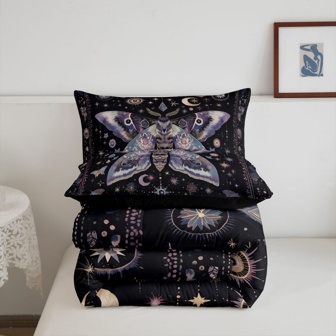 meiyoeat Bohemian Exotic Style Moth King Size Comforter Sets For Women,Vintage Boho Moon Stars Comforters King Size For Girls, Black Purple,Black Reversible,3 Pieces