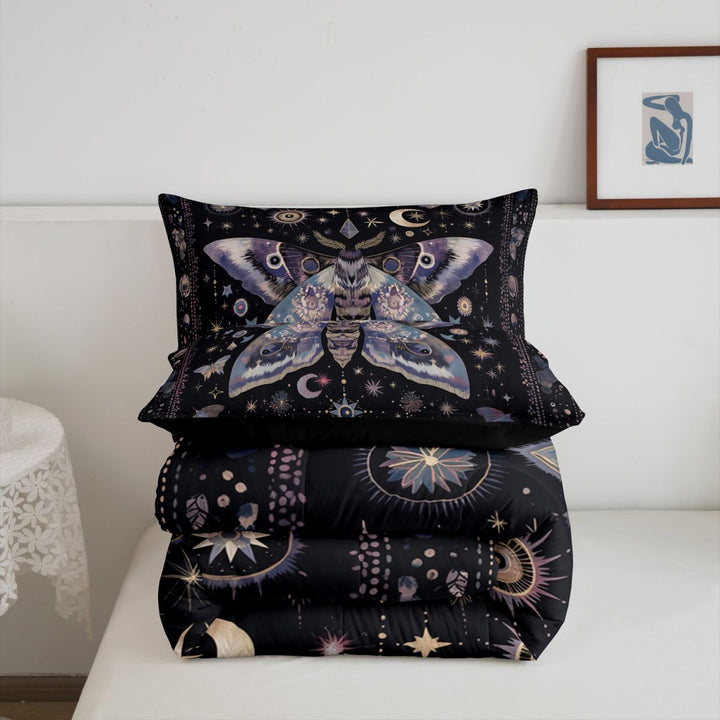 meiyoeat Bohemian Exotic Style Moth King Size Comforter Sets For Women,Vintage Boho Moon Stars Comforters King Size For Girls, Black Purple,Black Reversible,3 Pieces