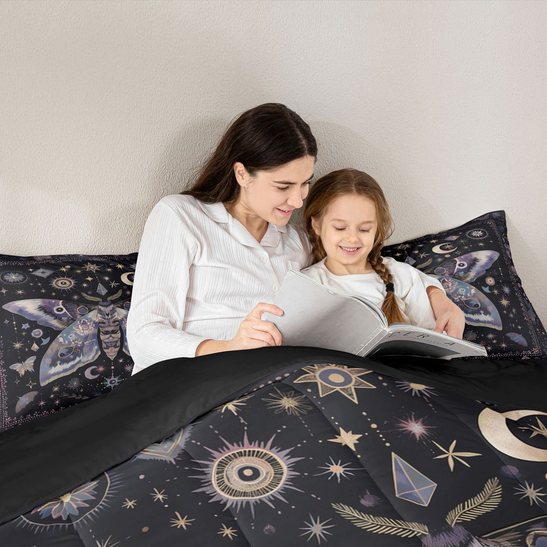 meiyoeat Bohemian Exotic Style Moth King Size Comforter Sets For Women,Vintage Boho Moon Stars Comforters King Size For Girls, Black Purple,Black Reversible,3 Pieces
