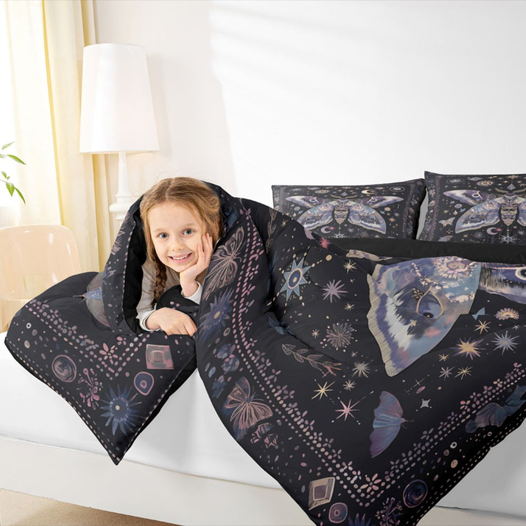 meiyoeat Bohemian Exotic Style Moth King Size Comforter Sets For Women,Vintage Boho Moon Stars Comforters King Size For Girls, Black Purple,Black Reversible,3 Pieces