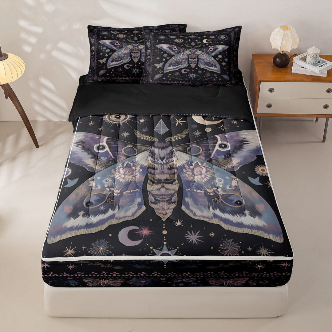 meiyoeat Bohemian Exotic Style Moth Zipper Full Size Comforter Sets with Fitted Sheet and 2 Pillowcases,Vintage Boho Moon Stars Zipper Bedding Set, Black Purple,4-Piece