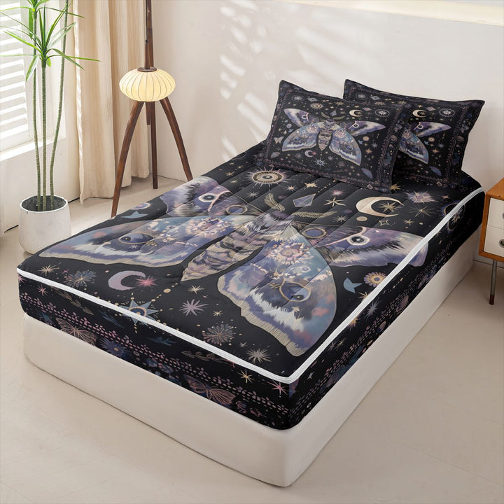 meiyoeat Bohemian Exotic Style Moth Zipper Full Size Comforter Sets with Fitted Sheet and 2 Pillowcases,Vintage Boho Moon Stars Zipper Bedding Set, Black Purple,4-Piece
