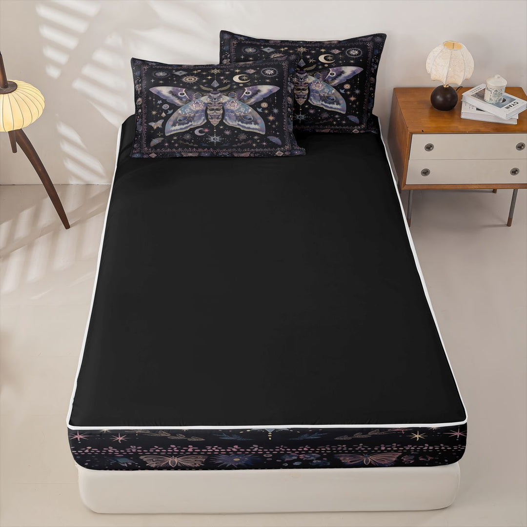 meiyoeat Bohemian Exotic Style Moth Zipper Full Size Comforter Sets with Fitted Sheet and 2 Pillowcases,Vintage Boho Moon Stars Zipper Bedding Set, Black Purple,4-Piece