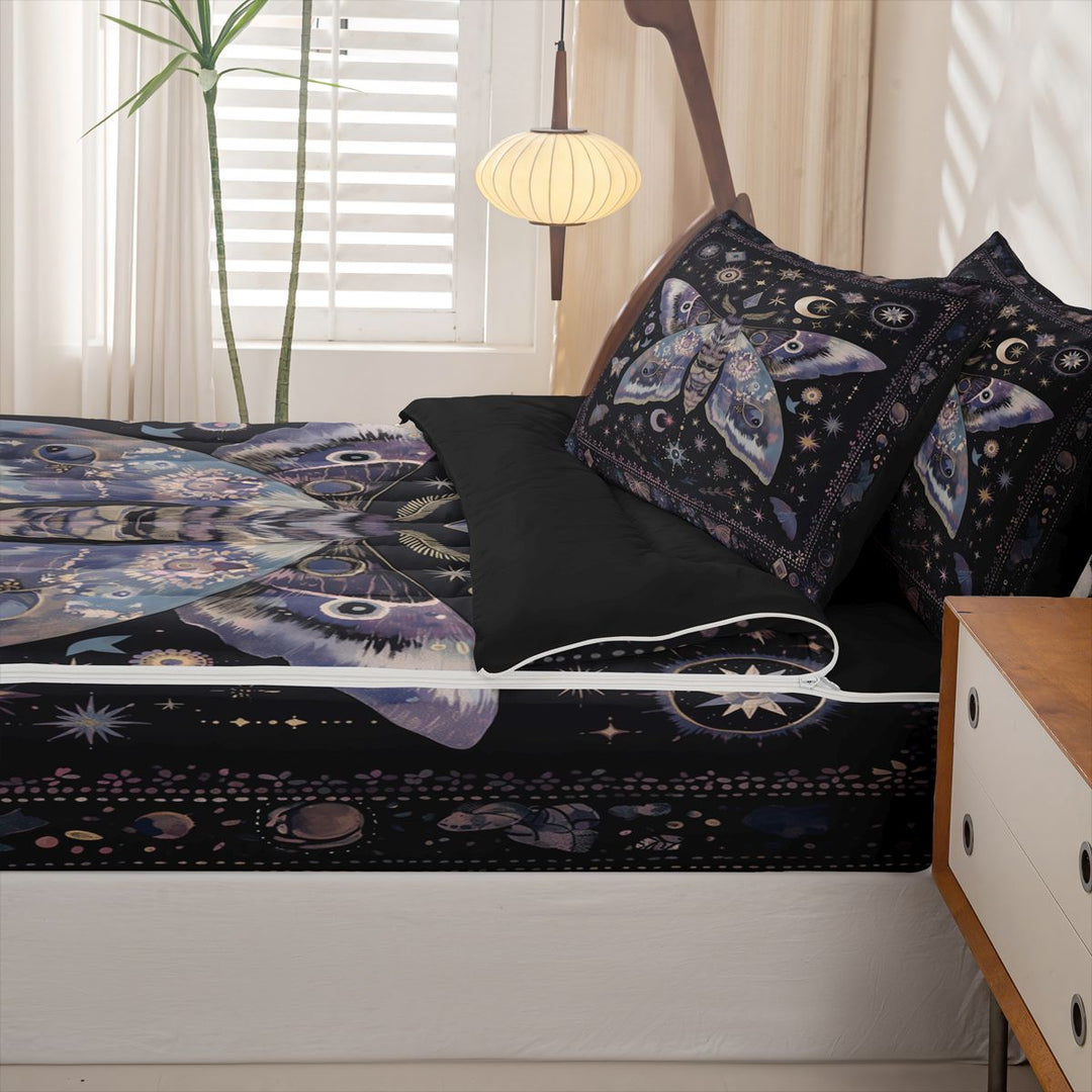meiyoeat Bohemian Exotic Style Moth Zipper Full Size Comforter Sets with Fitted Sheet and 2 Pillowcases,Vintage Boho Moon Stars Zipper Bedding Set, Black Purple,4-Piece