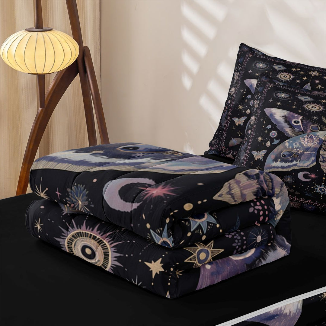 meiyoeat Bohemian Exotic Style Moth Zipper Full Size Comforter Sets with Fitted Sheet and 2 Pillowcases,Vintage Boho Moon Stars Zipper Bedding Set, Black Purple,4-Piece