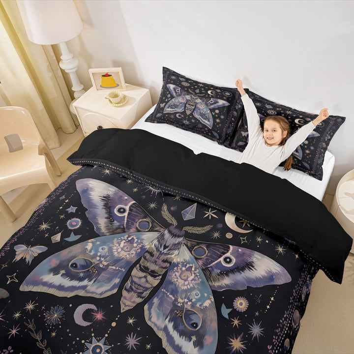 meiyoeat Bohemian Exotic Style Moth Duvet Cover King For Women,Vintage Boho Moon Stars King Bedding For Girls, Black Purple,Black Reversible,3 Pieces(No Comforter)
