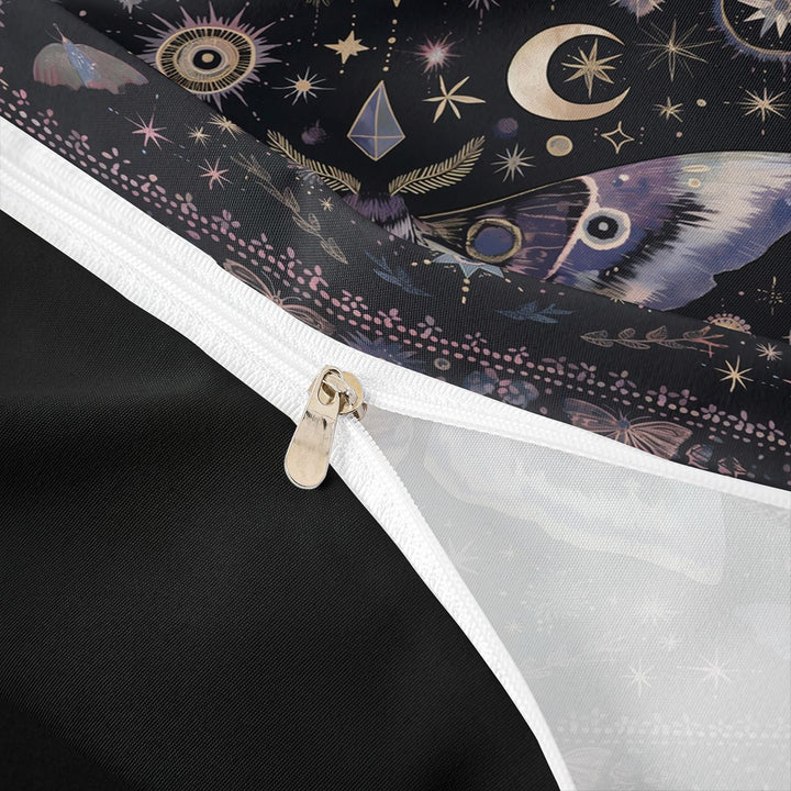 meiyoeat Bohemian Exotic Style Moth Duvet Cover King For Women,Vintage Boho Moon Stars King Bedding For Girls, Black Purple,Black Reversible,3 Pieces(No Comforter)