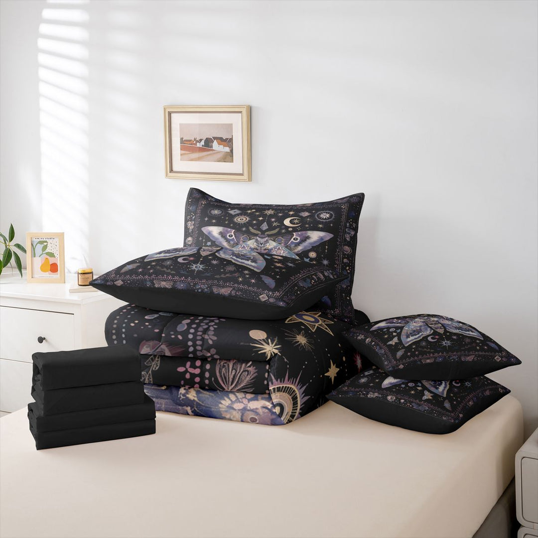meiyoeat Bohemian Exotic Style Moth 7-Piece King Bedding For Women,Vintage Boho Moon Stars King Bed in a Bag For Girls, Black Purple,Black Reversible