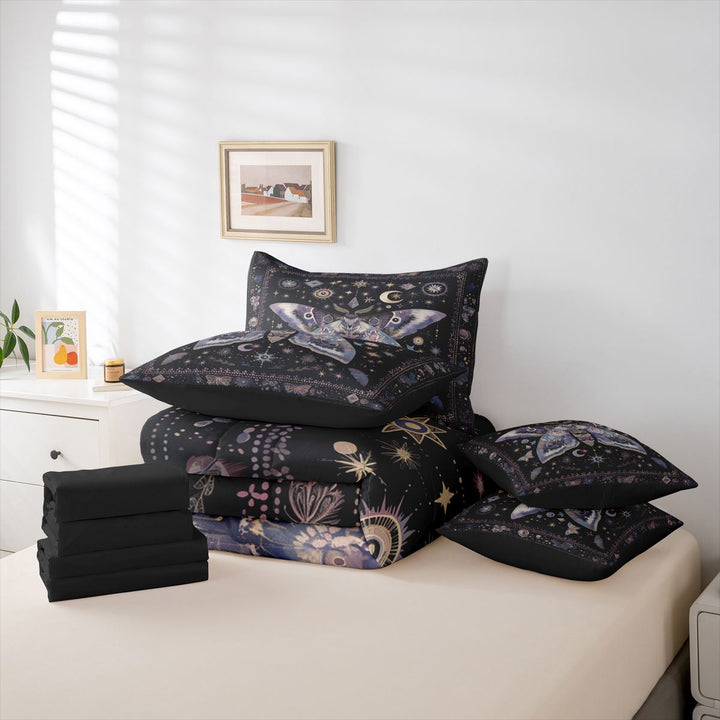 meiyoeat Bohemian Exotic Style Moth 7-Piece King Bedding For Women,Vintage Boho Moon Stars King Bed in a Bag For Girls, Black Purple,Black Reversible