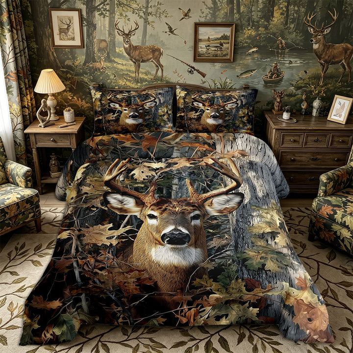 Meiyoeat Jungle Animal Deer Print King Size Comforter Sets 3pcs, Autumn Oak Leaves Pattern Comforters King Size, Brown Green,Black Reversible